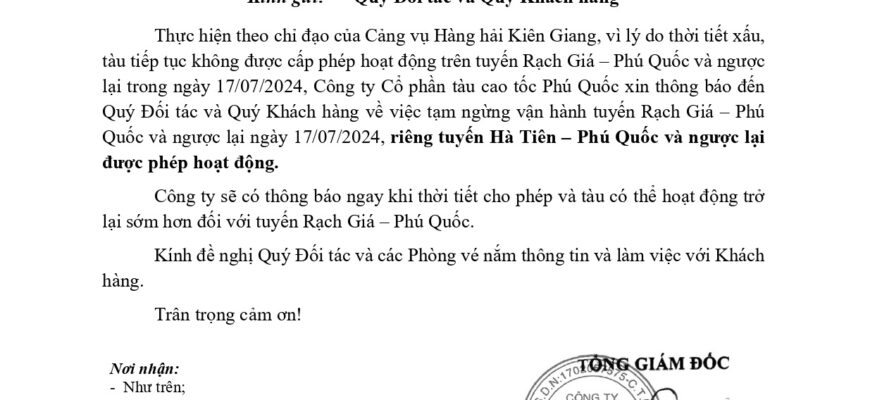 Thông báo ngừng vận hành Tuyến Rạch Giá-Phú Quốc ngày 17/07/2024