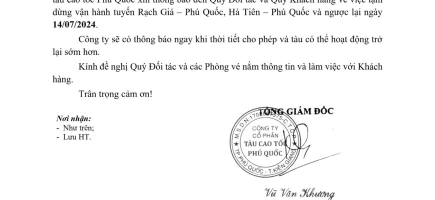 Hoạt Động Trở Lại: Thông Báo tạm dừng vận hành Tuyến Rạch Giá-Phú Quốc và Hà Tiên-Phú Quốc ngày 14/07/2024