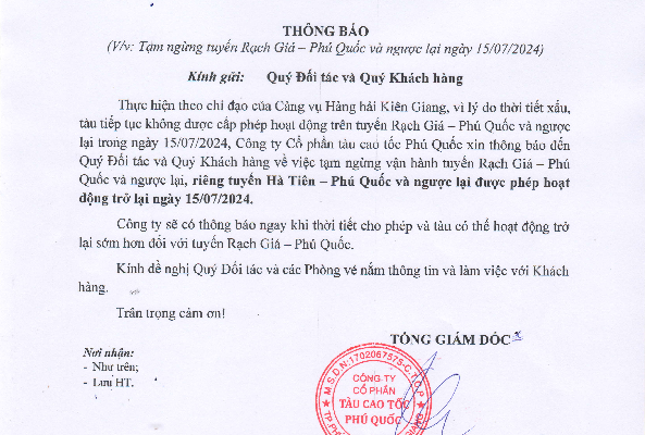 Thông báo ngừng vận hành Tuyến Rạch Giá-Phú Quốc ngày 15/07/2024