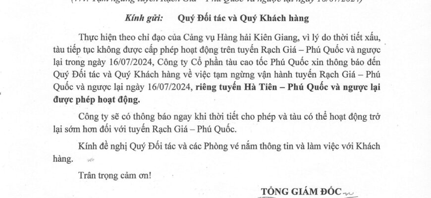 Hoạt động trở lại:Thông báo ngừng vận hành Tuyến Rạch Giá-Phú Quốc ngày 16/07/2024