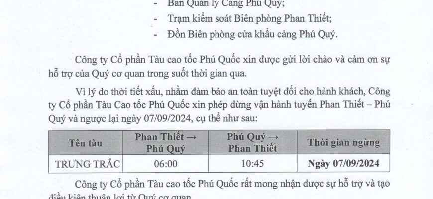 Thông Báo Ngừng Vận Hành Tuyến Phan Thiết-Phú Quý ngày 07/09/2024