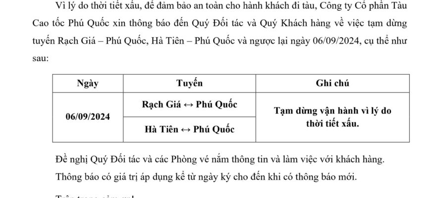 Thông Báo Ngừng Vận Hành Tuyến Rạch Giá và Hà Tiên ngày 06/09/2024