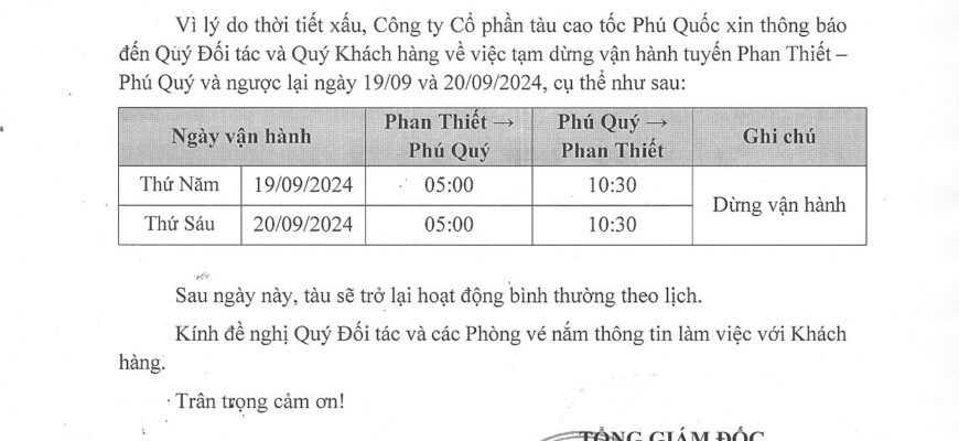 Thông Báo Ngừng Vận Hành Tuyến Phan Thiết-Phú Quý ngày 19 và 20/09/2024