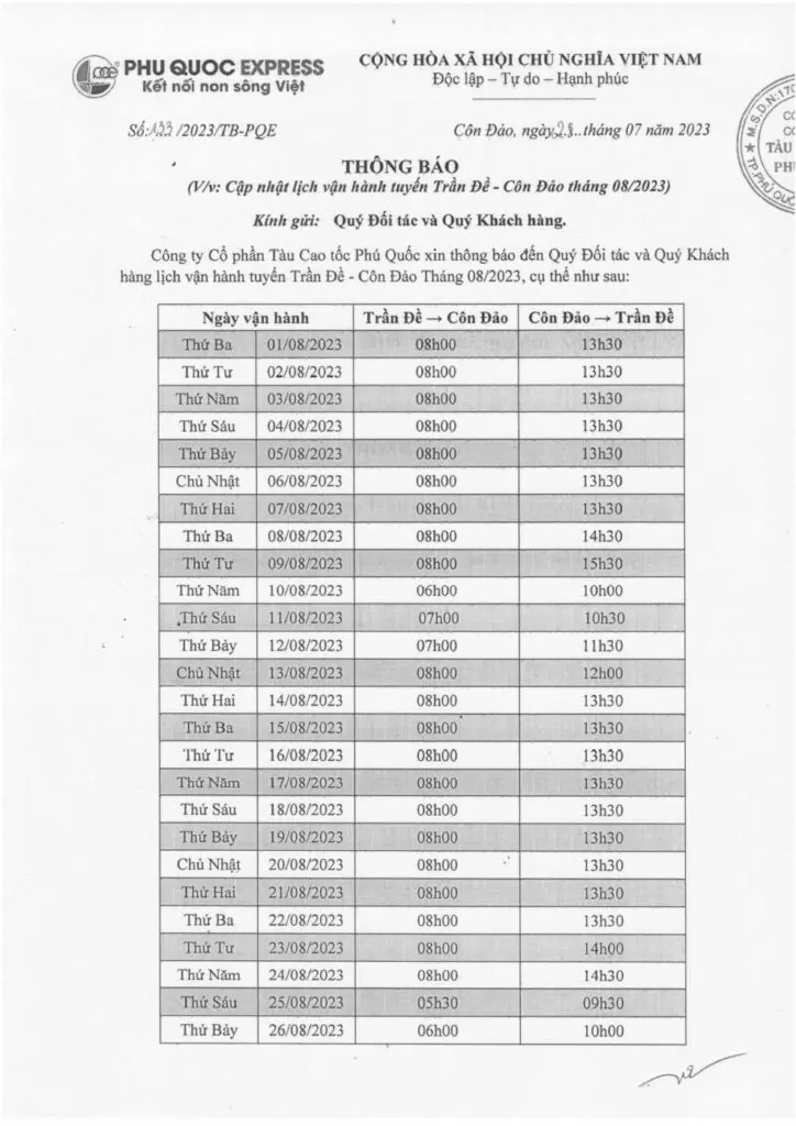 Lịch vận hành tàu cao tốc Phú Quốc Express Trần Đề - Côn Đảo