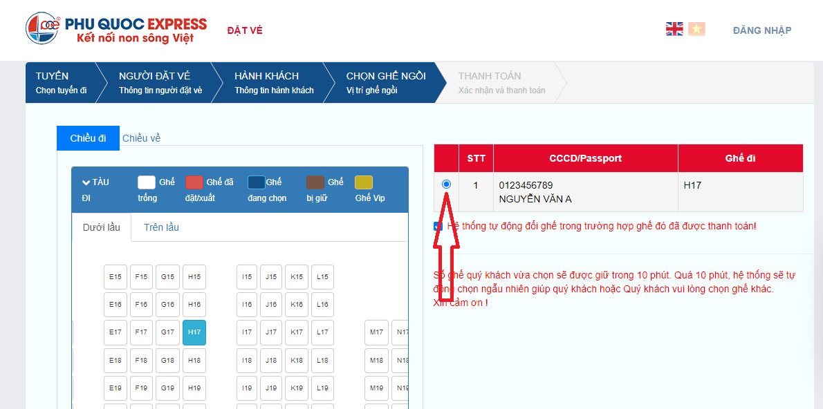 select the Cảng line seat Trần Đề-Côn Đảo