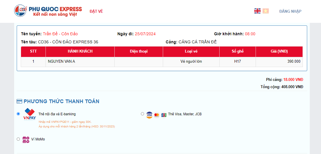 confirm train ticket Trần Đề Côn Đảo