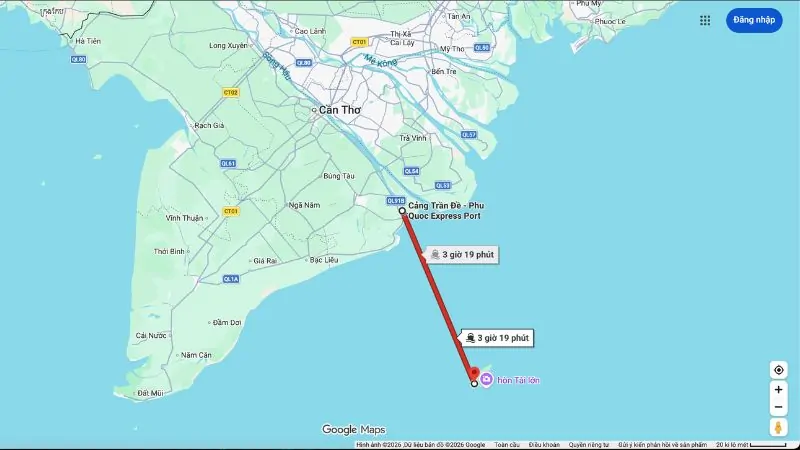 Map illustrating the sea route from the Port Trần Đề to the Bến Đầm Port, Côn Đảo