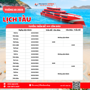 lịch tàu tuyến Trần Đề-Côn Đảo tháng 10-2024
