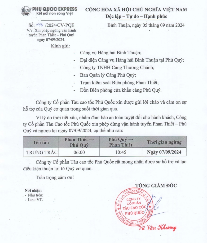 Notice of suspension of Phan Thiet Phu Quy route 09/07/2024
