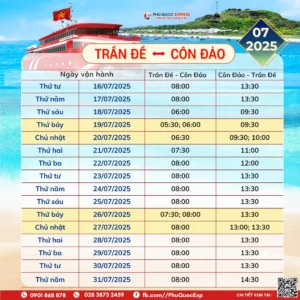 2025年7月Tran De-Con Dao路线列车时刻表