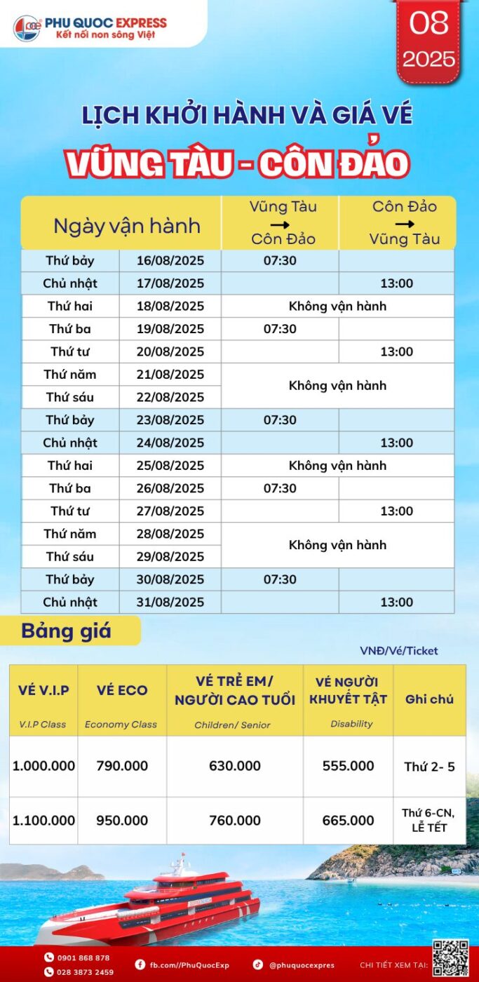 붕타우콘다오(Vung Tau-Con Dao) 열차 시간표 2025년 8월