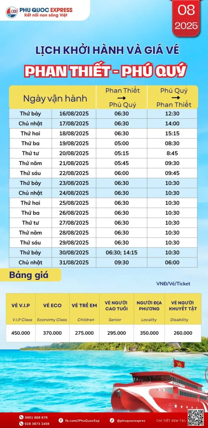 2025 年 8 月 Phan Thiet-Phu Quy 路线的火车时刻表