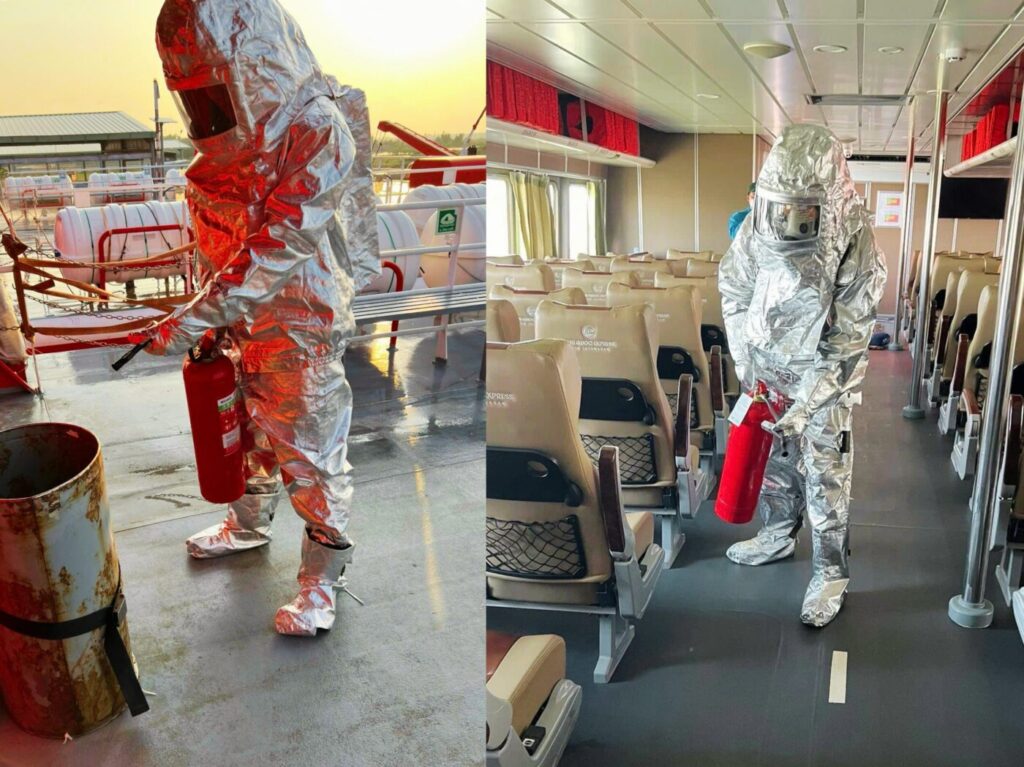 船上火灾探测时需穿戴防护装备进行消防演习