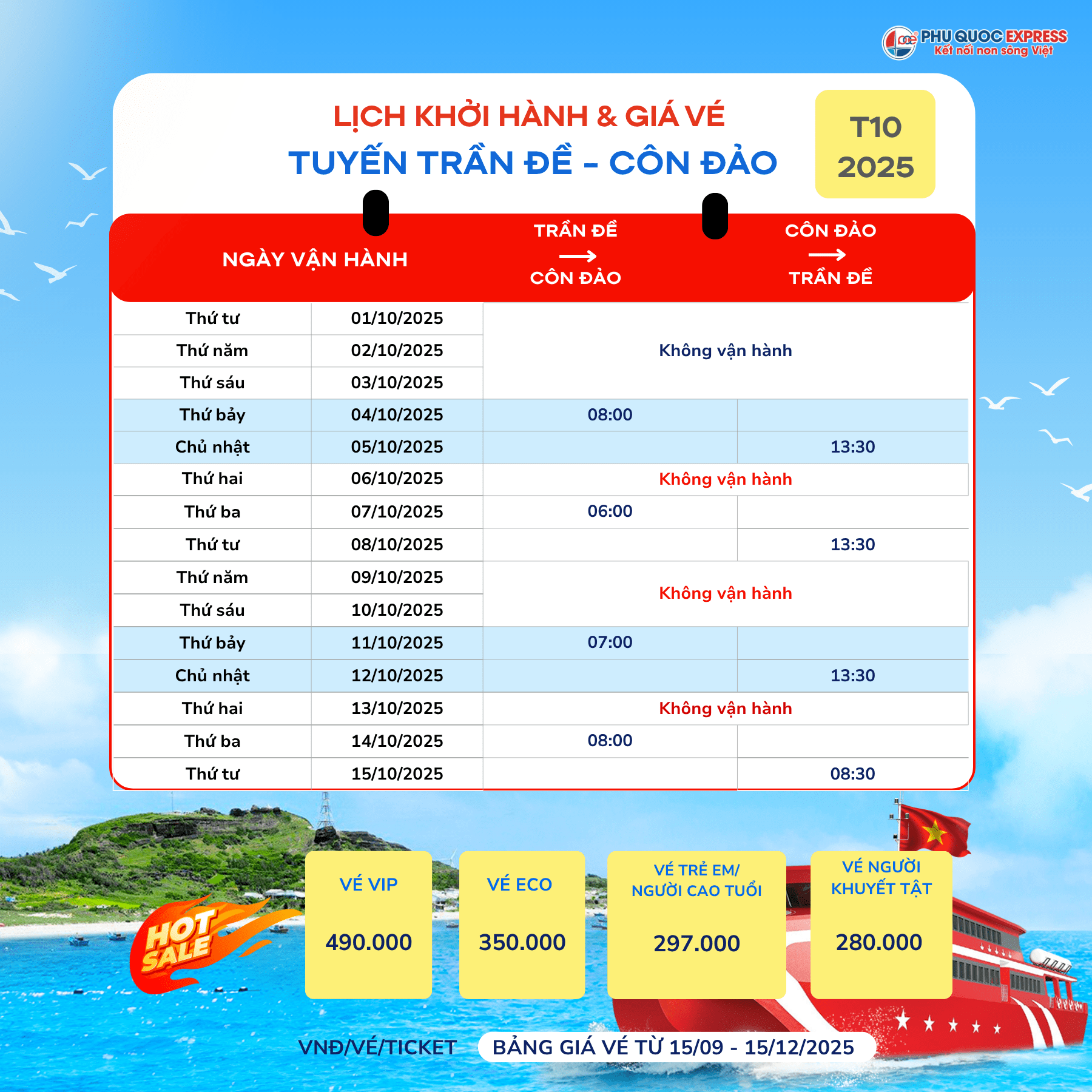 Tran De-Con Dao train schedule October 2025