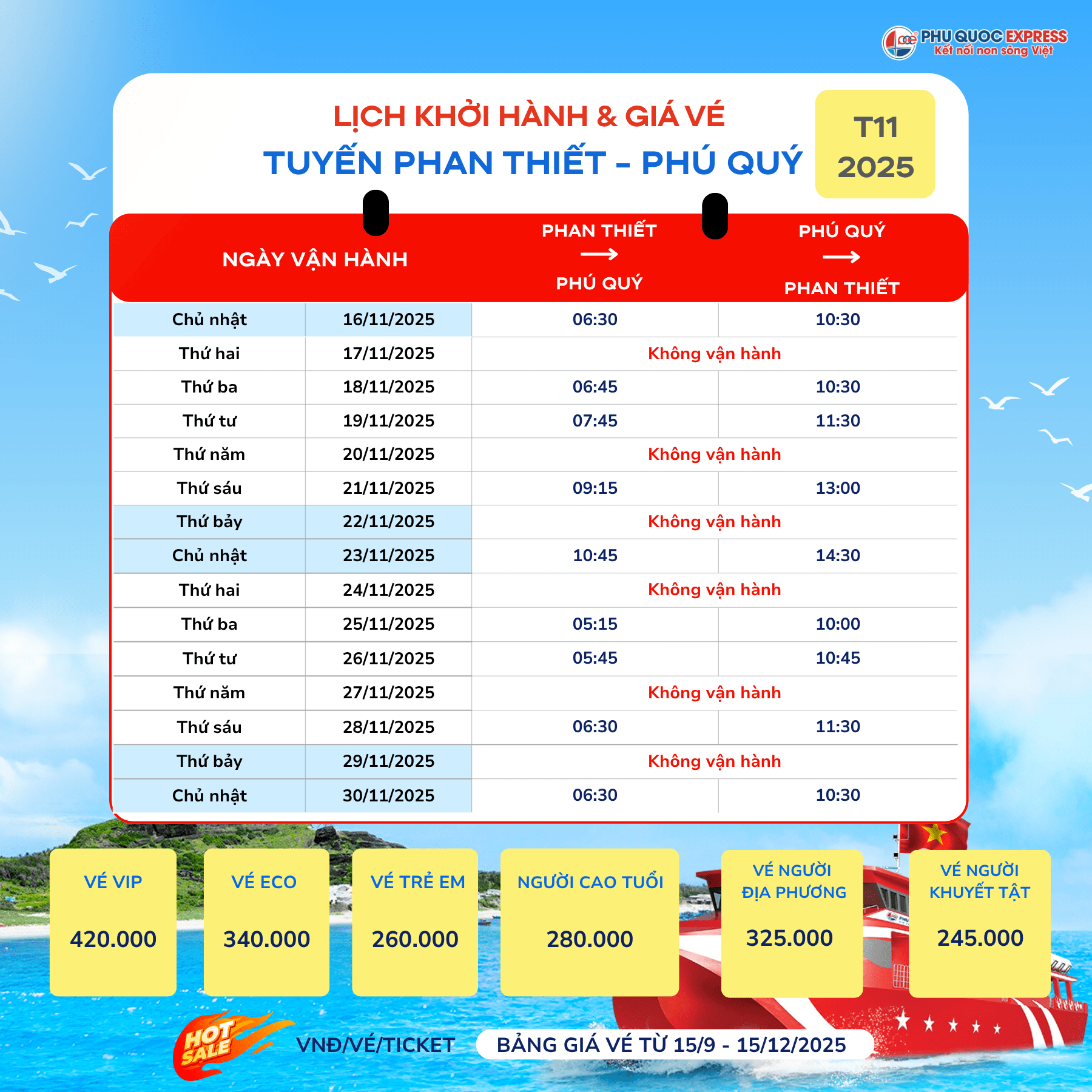Ship schedule for Phan Thiet-Phu Quy route in November 2025