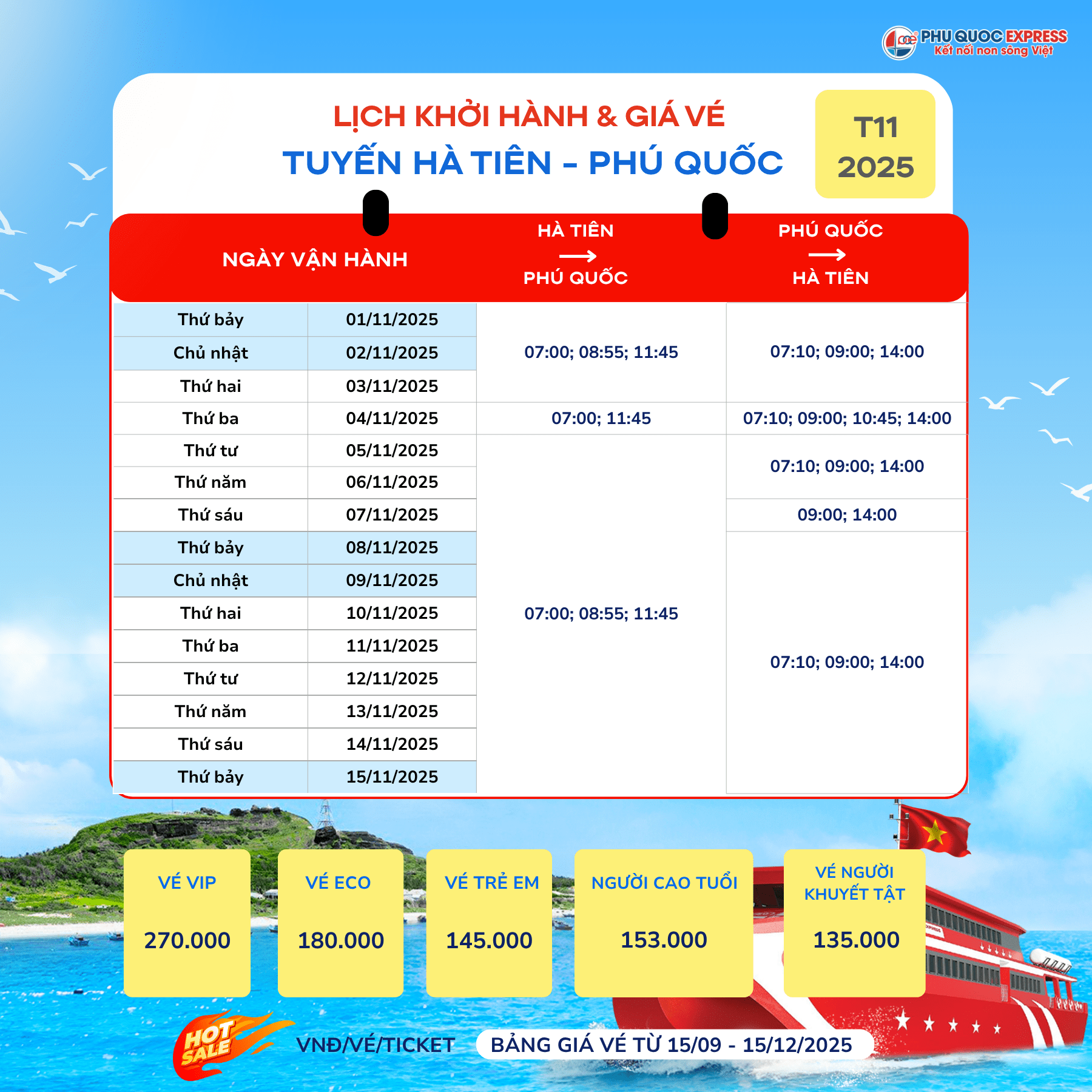 Train schedule for line Phú Quốc for November 2025