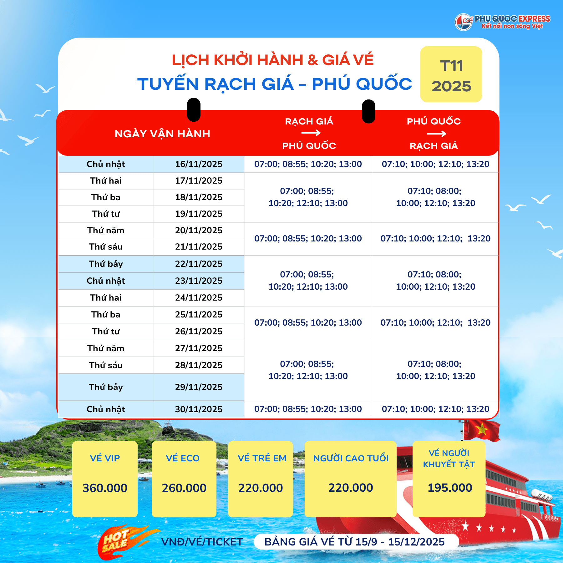 Train schedule for line Phú Quốc for November 2025
