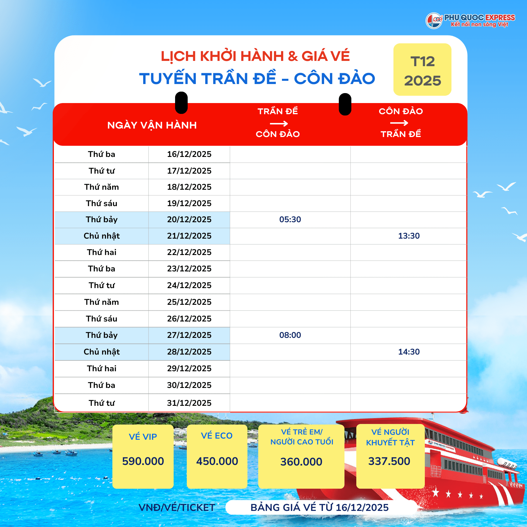 December 2025 Tran De-Con Island ferry schedule