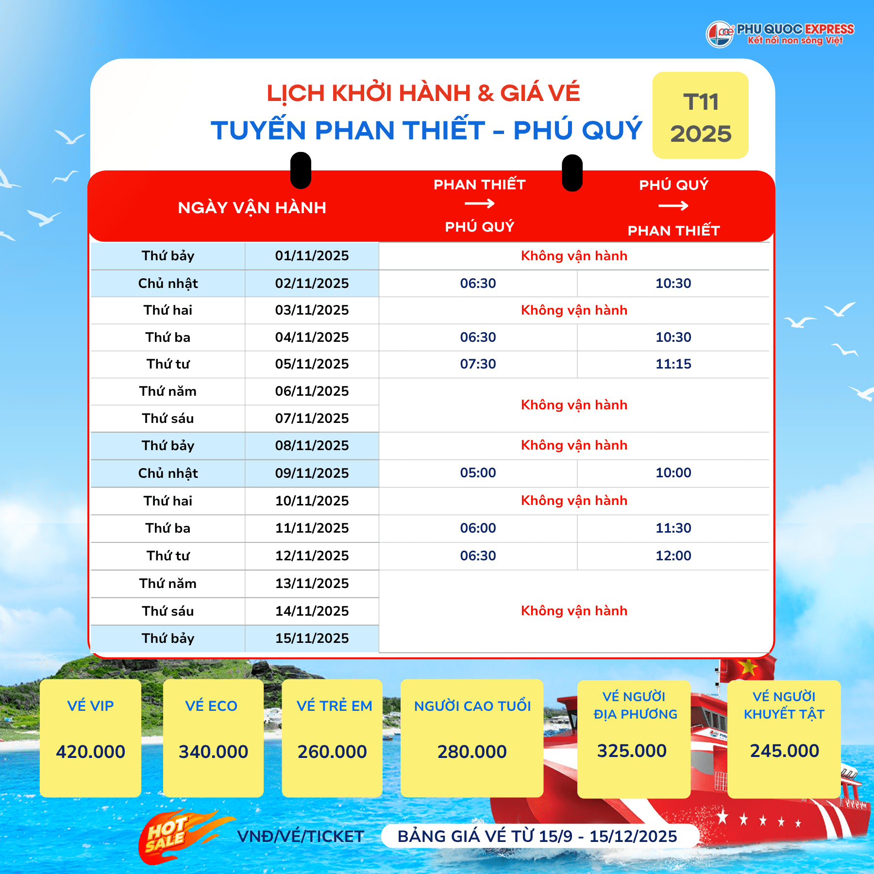 Phan Thiet - Phu Quy train schedule for November 2025