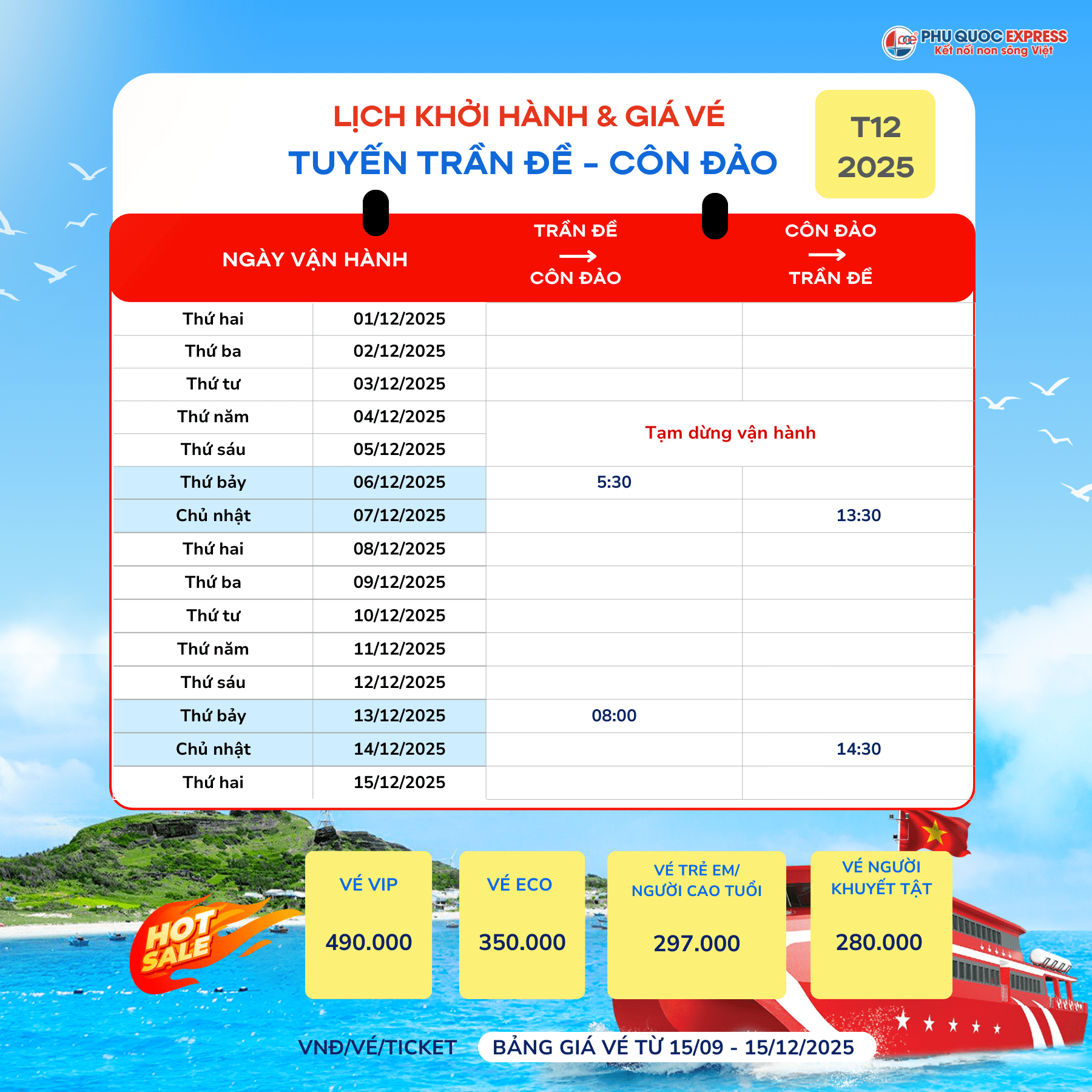 December 2025 Tran De-Con Island ferry schedule