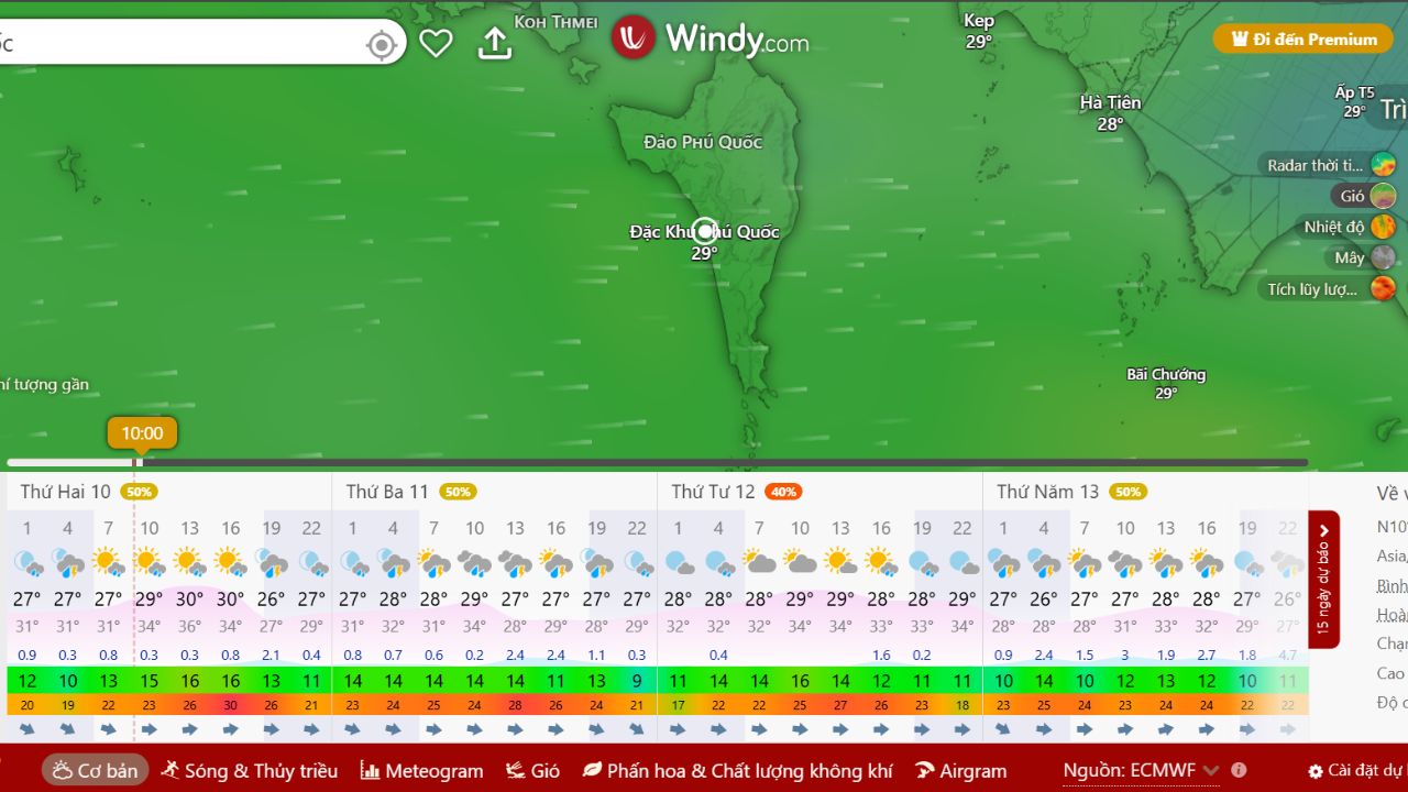 Windy đang hiển thị dự báo tại đảo Phú Quốc