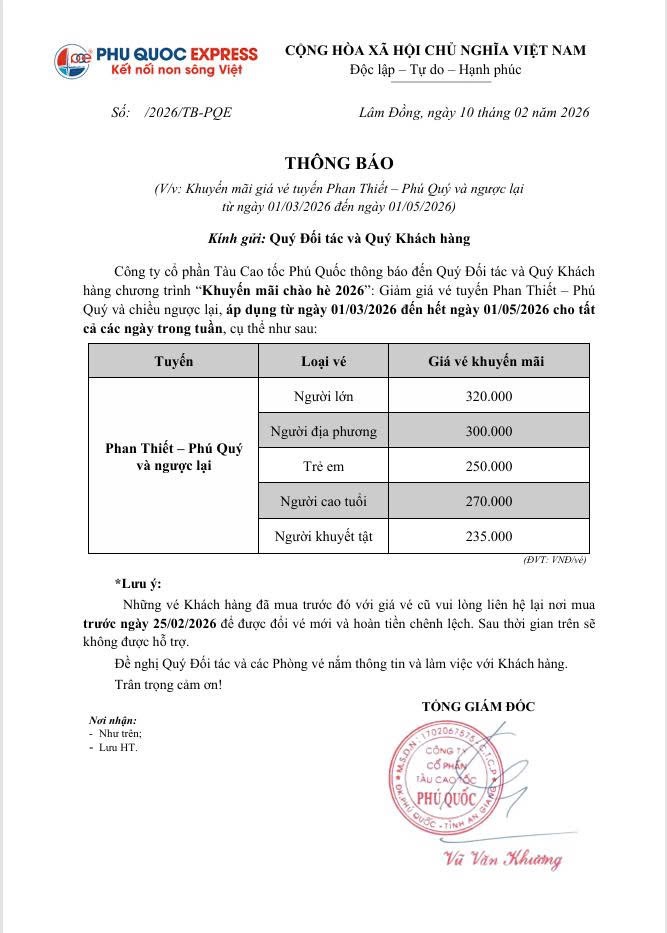 Phan Thiết - Phú Quý 노선 프로모션 프로그램 03월 01일 - 05월 01일