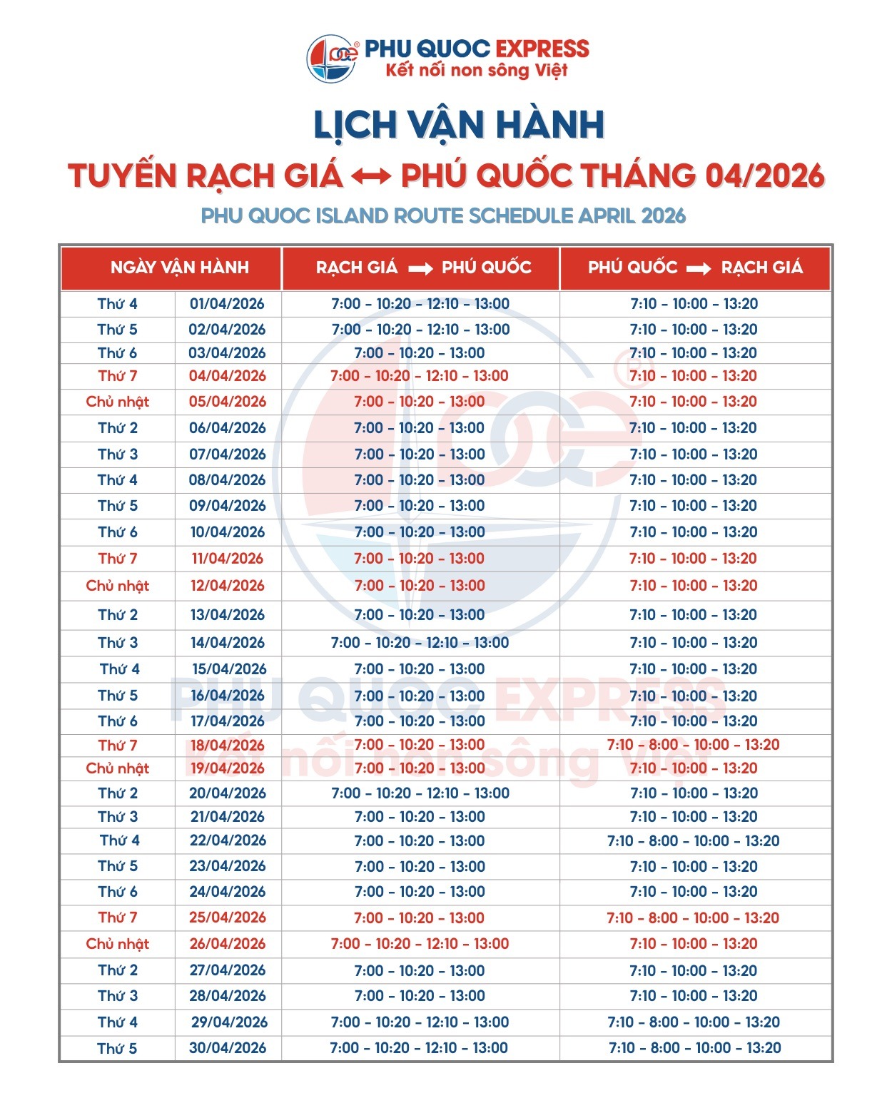 High-Speed Train Schedule for Route Phú Quốc Express (Rạch Giá to Phú Quốc) for April 2026