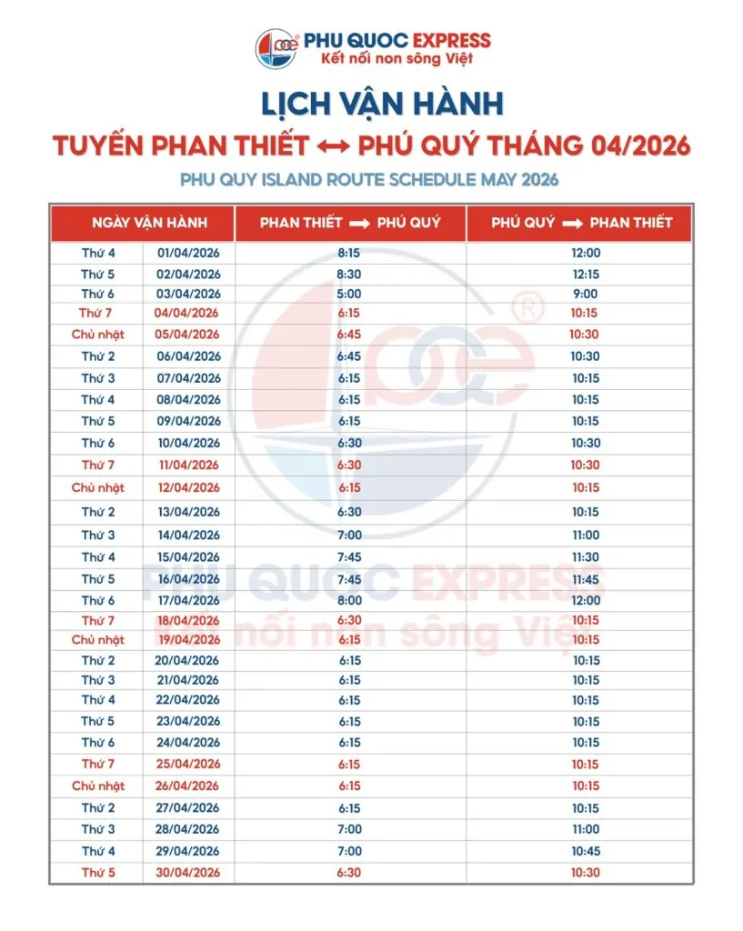 Lịch trình và giá vé tàu Phan Thiết đi Phú Quý tháng 04-2026