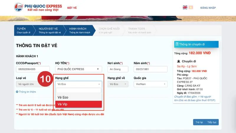 Choose seat class to Sa Ky - Lý Sơn