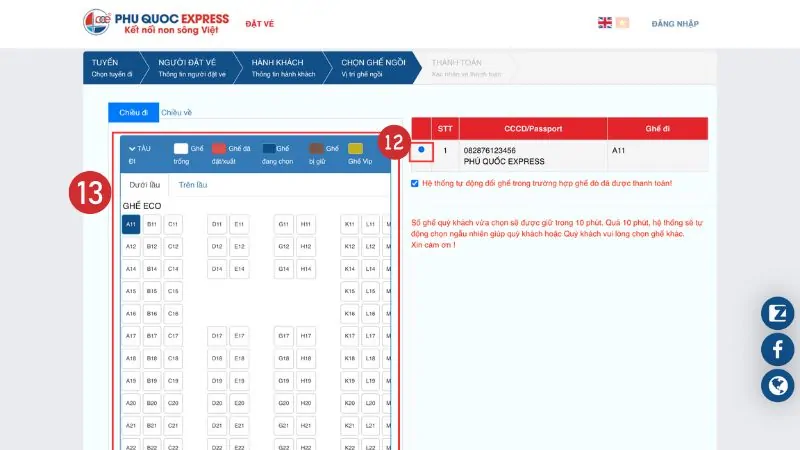 Chọn hàng ghế theo thông tin hành khách đặt vé tàu cao tốc Phú Quốc Express