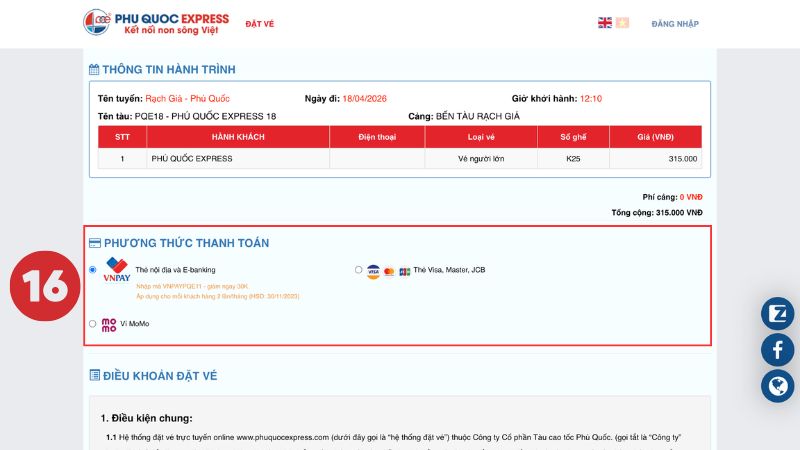 Phú Quốc Express 열차 티켓 결제 방법 선택