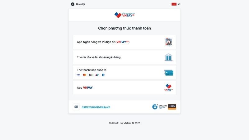 결제 수단으로 VN Pay 결제 게이트웨이를 선택하세요
