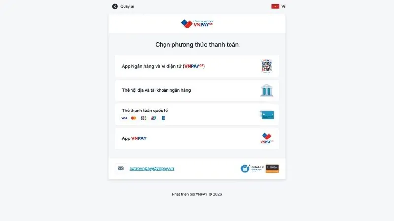 Chọn phương thức thanh toán thanh toán qua cổng thanh toán VN Pay
