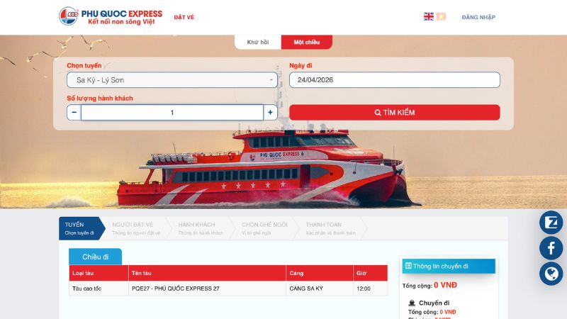 Đặt vé trực tuyến Phú Quốc Express tuyến Sa Kỳ - Lý Sơn