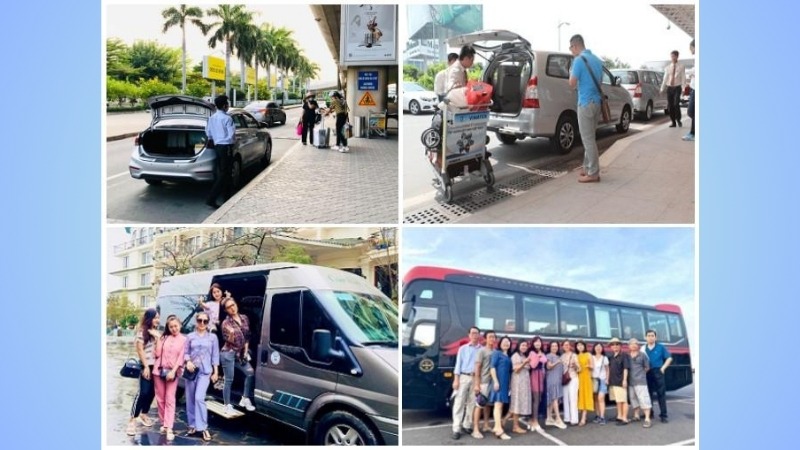 Di chuyển bằng xe ghép/ xe đưa đón khách tại sảnh sân bay Chu Lai.