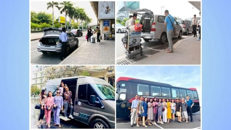 Di chuyển bằng xe ghép/ xe đưa đón khách tại sảnh sân bay Chu Lai.