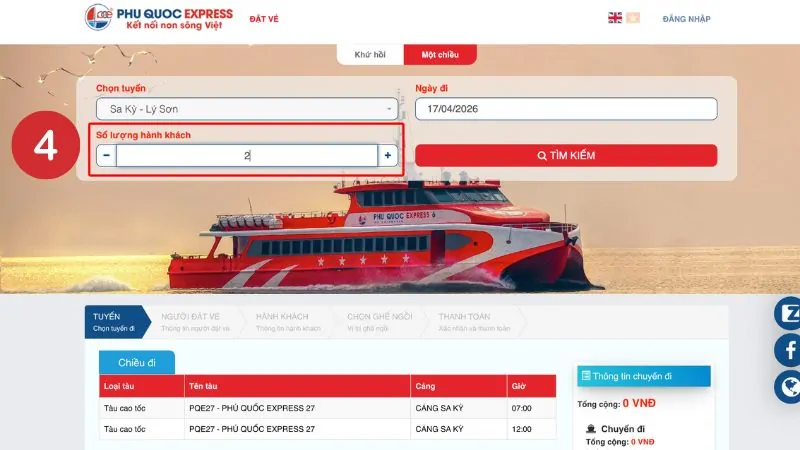 Fill in the number of passengers going to Sa Ky - Lý Sơn