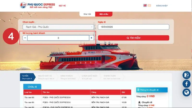 Điền số lượng hành khách đi tàu Phú Quốc Express