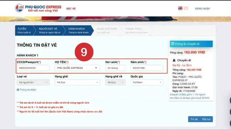 Fill in passenger information for Sa Ky - Lý Sơn