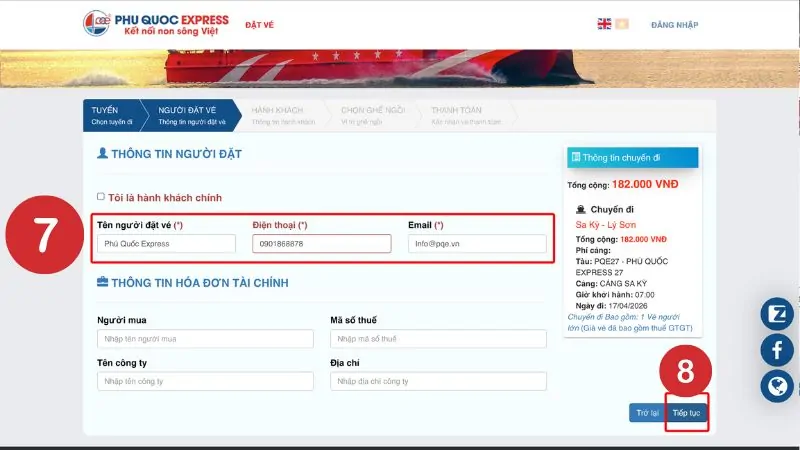 Fill in the ticket holder's information for the Sa Ky - Lý Sơn train route