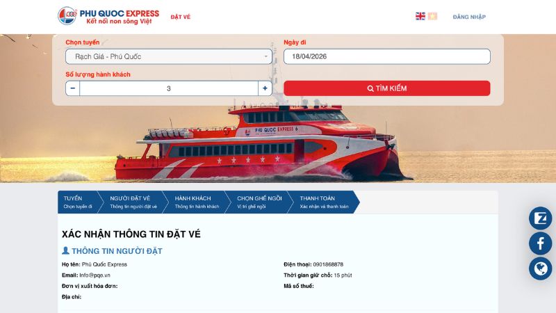 Phú Quốc Express 열차 예약 정보 재확인