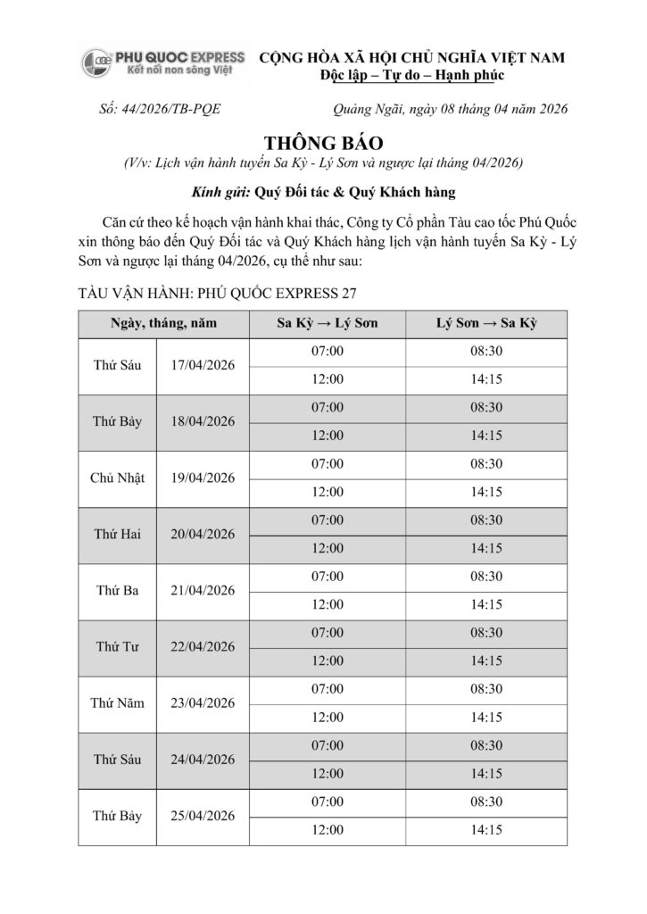 Sa Ky - Lý Sơn Route Schedule April 2026 - Image 1