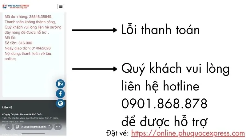 Lỗi thanh toán khi đặt vé tàu cao tốc Phú Quốc Express