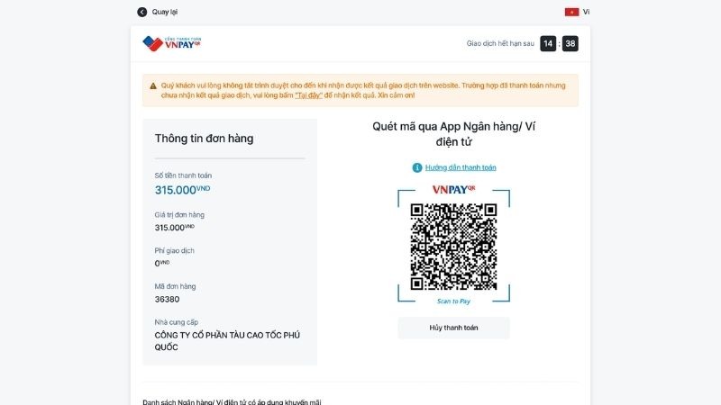 QR 코드를 스캔하여 Phú Quốc Express 고속열차 요금을 결제하세요