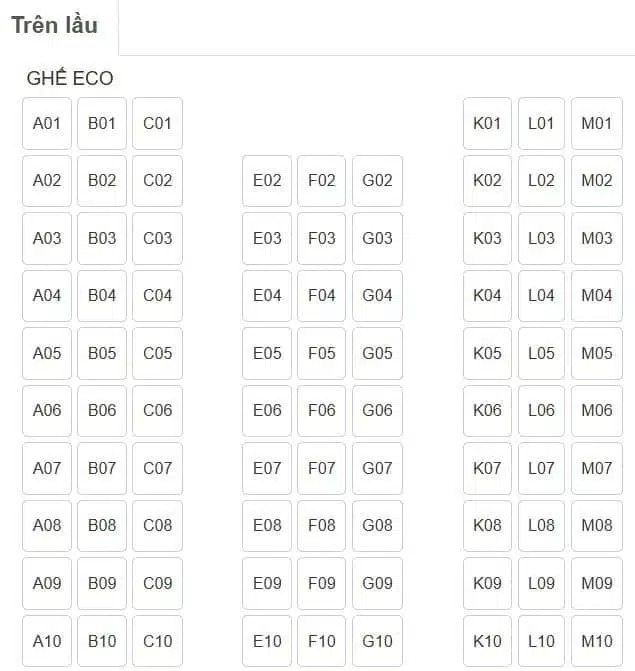 Sơ đồ ghế ngồi tầng trên của tàu Phú Quốc Express 27