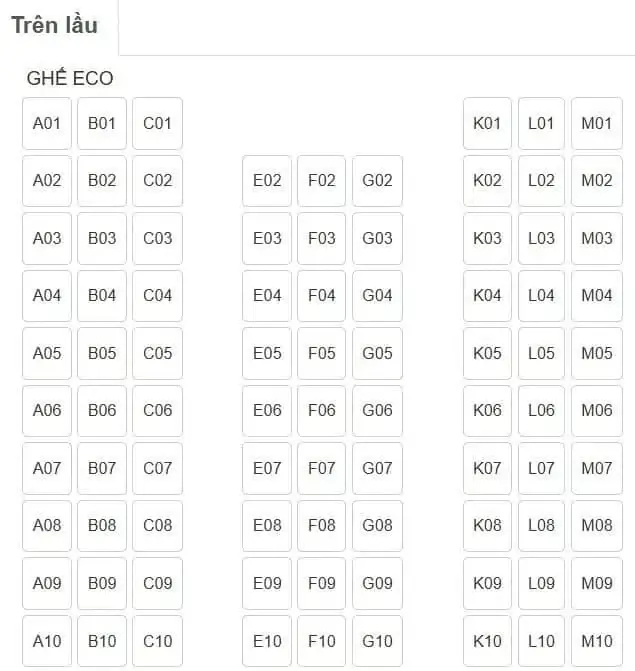 Sơ đồ ghế ngồi tầng trên của tàu Phú Quốc Express 27