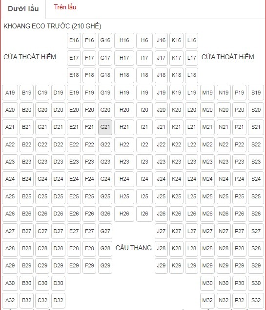 Sơ đồ ghế tầng dưới của tàu Trưng Trắc