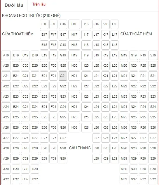 Sơ đồ ghế tầng dưới của tàu Trưng Trắc