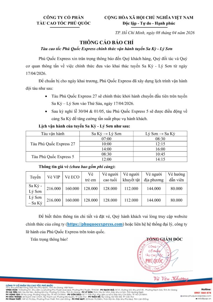 新闻稿：Phú Quốc Express 高速渡轮正式运营沙岐—Lý Sơn 航线