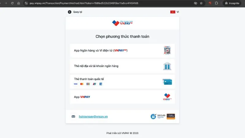 Example of ticket payment via VNPay